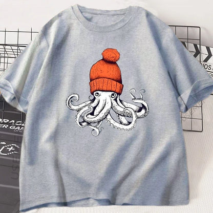 Octopus Orange Baseball Cap Cotton T-shirt - Japanese Style Pattern T-shirt - Casual Cotton Short-sleeved Round-neck T-shirt