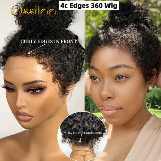 4C Kinky Edges Kinky Curly Invisi Strap 360 Glueless Wigs Human Hair 360 HD Lace Frontal Wig with Curly Baby Hair All Around