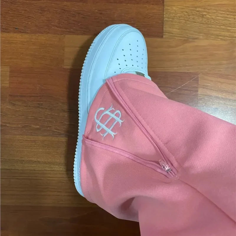 Y2k Retro Loose Straight Baggy Pants Men Tracksuit Pants Unisex Sweatpant Women Zip Embroidery Hip Hop Harajuku Casual Pant Goth