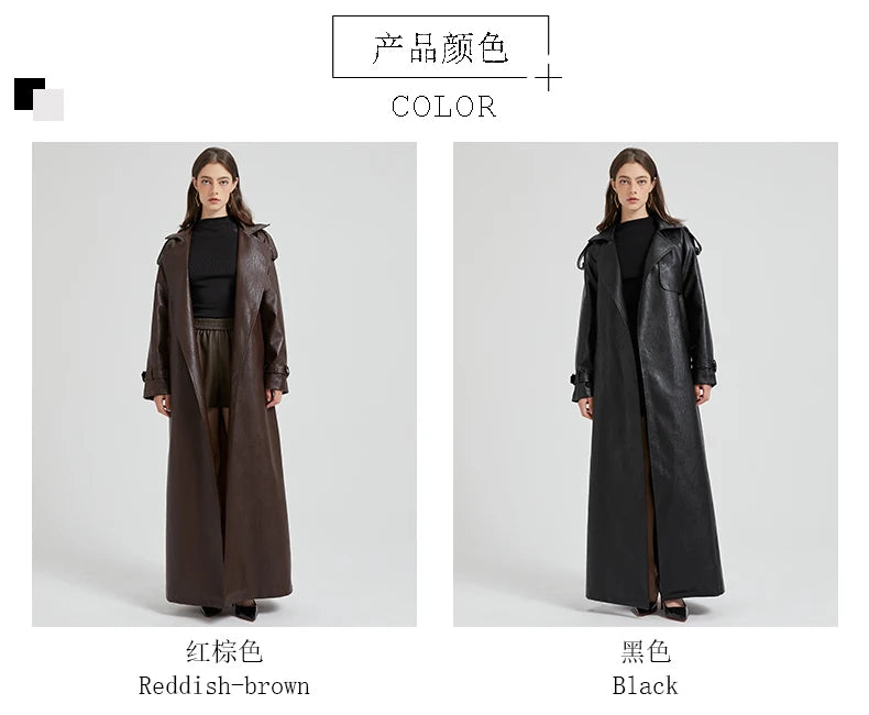 Lautaro Spring Autumn Extra Long Brown Pu Leather Trench Coat for Women Sashes Luxury Chic Overcoat Runway European Fashion 2024