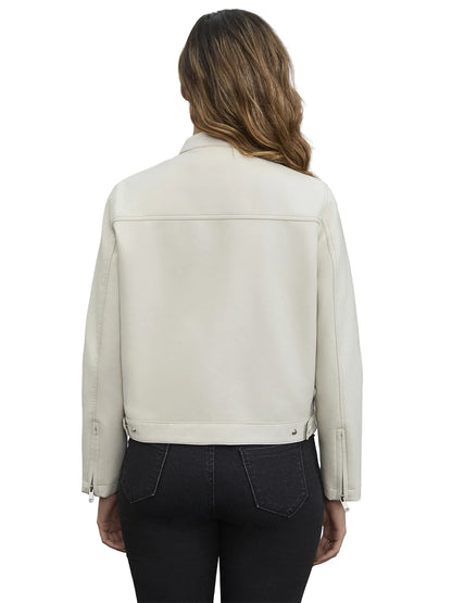 Black Women's Fitted Leather Jacket with Front Zipper & Side Pockets‌, Available in Brown, Navy Blue, and Beige.