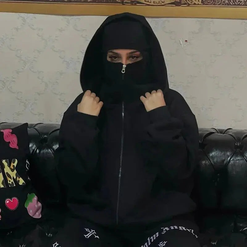 Men's and women's Balaclava Y2K Gothic Harajuku winter new item double hooded sweatshirt Unisex hooded mask zipper sportswear