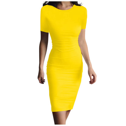 Fashion Women Short Sleeve Slim Fitting Dress Summer Solid Color Round Neck Elegant Dress Tight Robe Street Style Skinny Dress