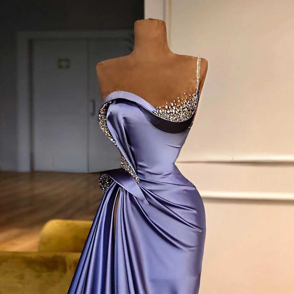 Lilac Evening Dress 2026 Beading One Shoulder Stones Ruched Sweep Train Robe De Soiree Women Pageant Party Gowns