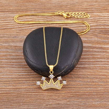 Nidin New Fashion Crown Shape Pendant Collar Gold Color Chain Choker Shiny Zircon Necklace for Women Man Jewelry Party Gifts