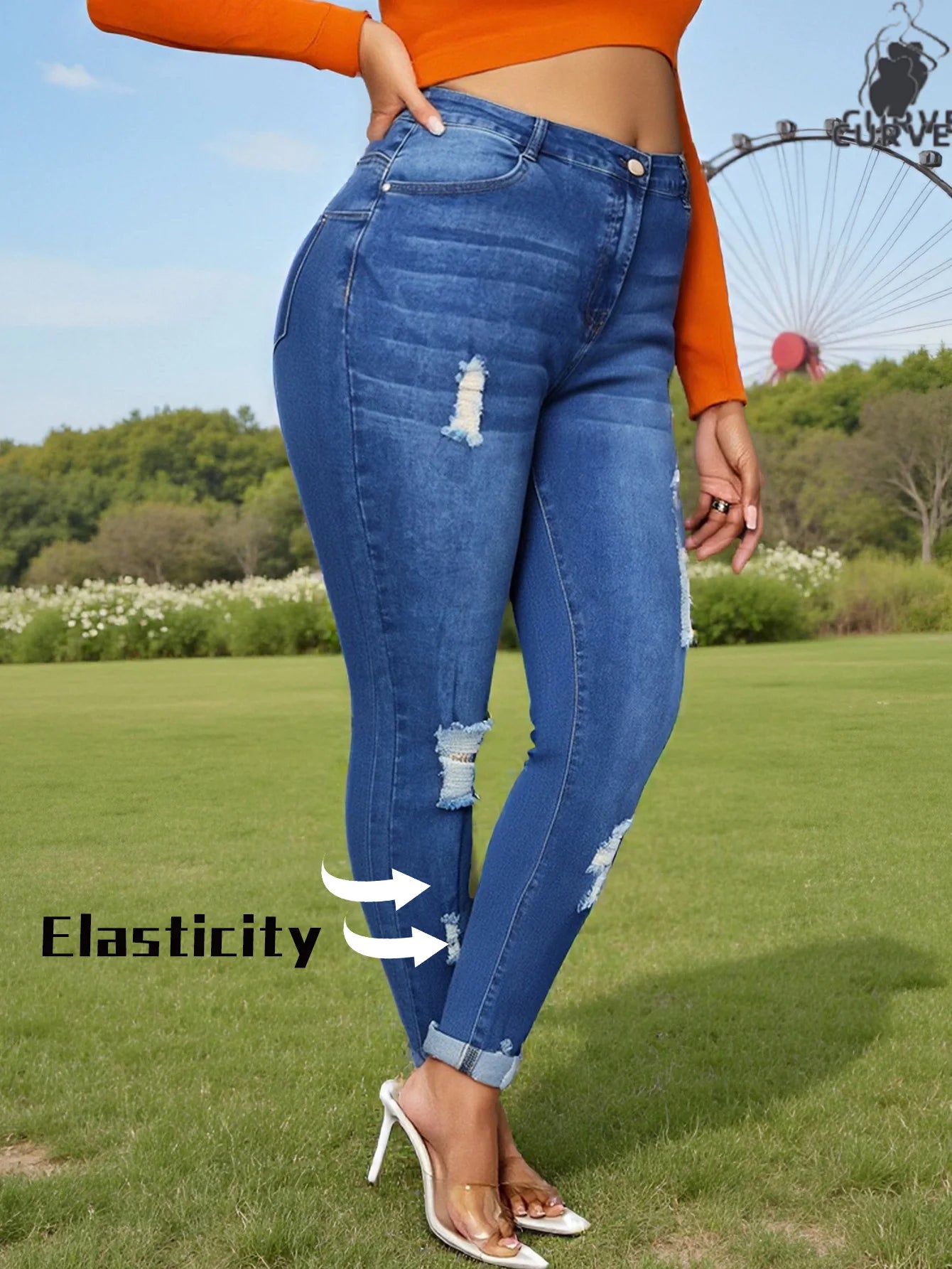 Plus-Size Women's Classic Washed Blue Denim Pants – Comfortable Stretch Fabric, Snug Fit