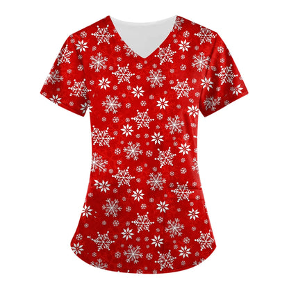 Christmas Clinical Uniform Woman Cartoon Print Uniforms Casual V-Neck Nurse Uniform Woman Tops With Pocket Scrub Tops