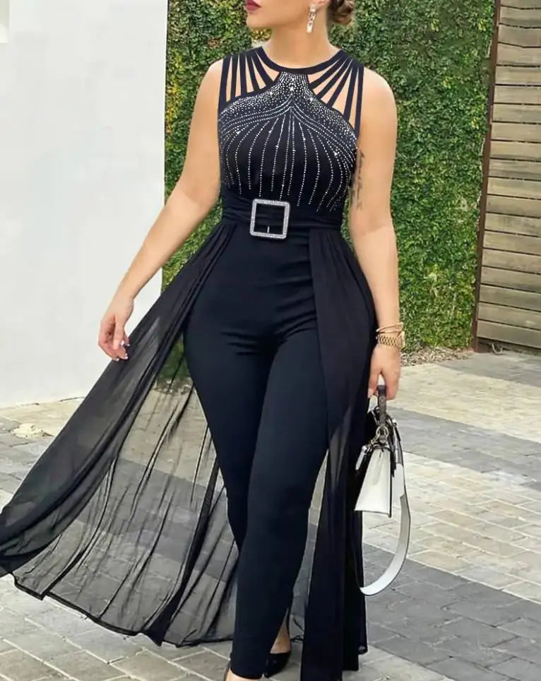 Women Jumpsuit 2026 Summer Simple Sleeveless Round Neck Rhinestone Fashion Sexy Sheer Mesh Daily Casual Commuting Jumpsuit