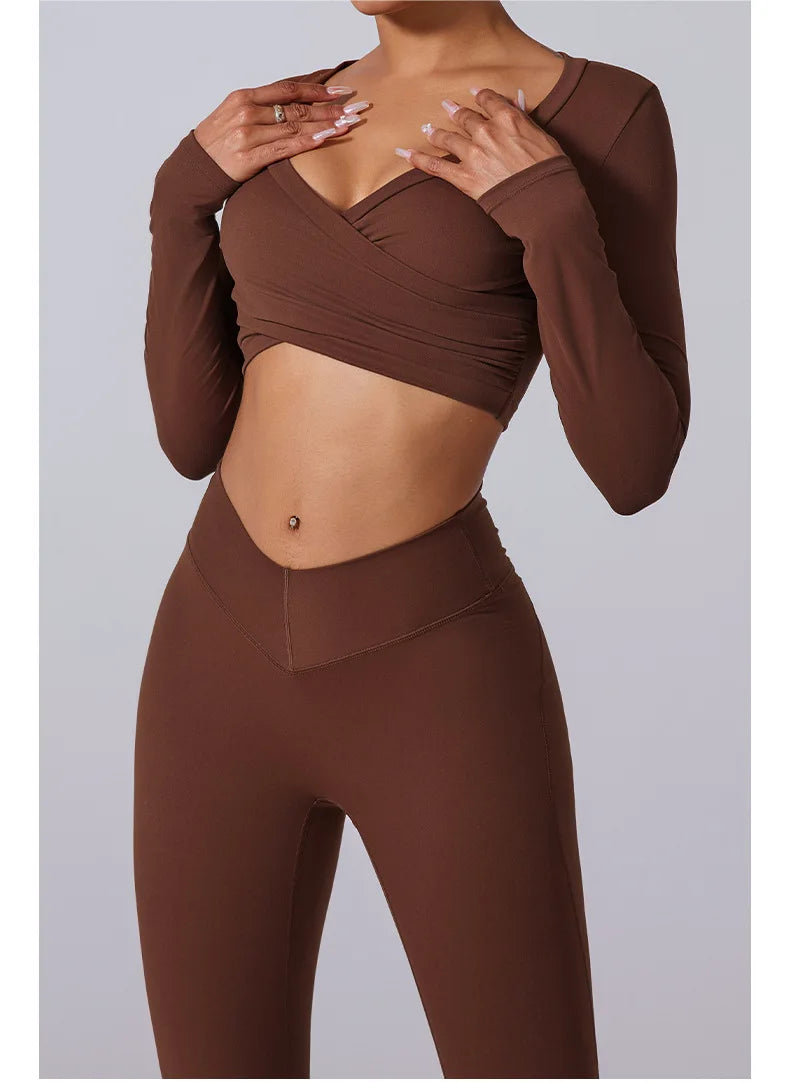 2 Pieces Wrap Front Gym Fitness Suit Women Long Sleeve Legging Workout Yoga Set Sports Bra Short Sports Clothes Tracksuit Female