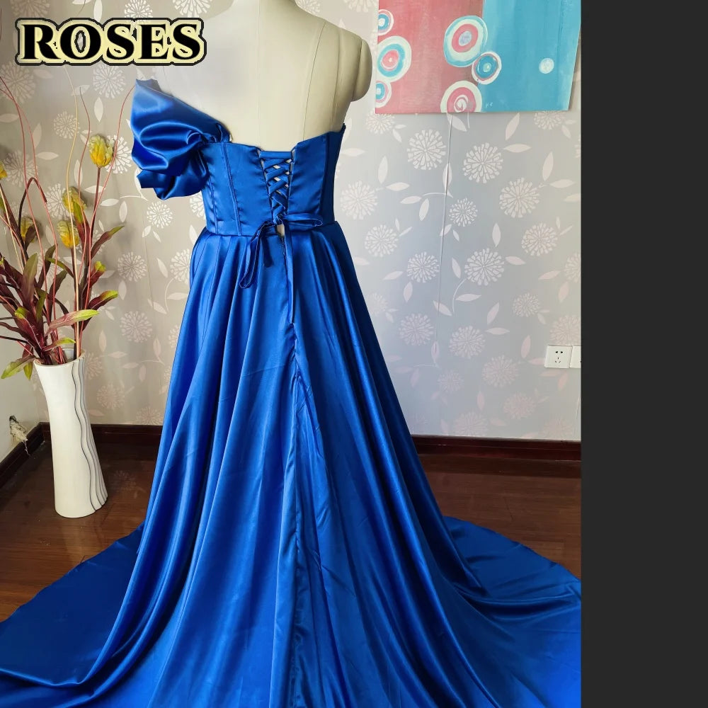 ROSES Red Side High Split Mermaid Evening Dresses One Shoulder Prom Dresses Sweetheart Stain Formal Occasion Dress Customized
