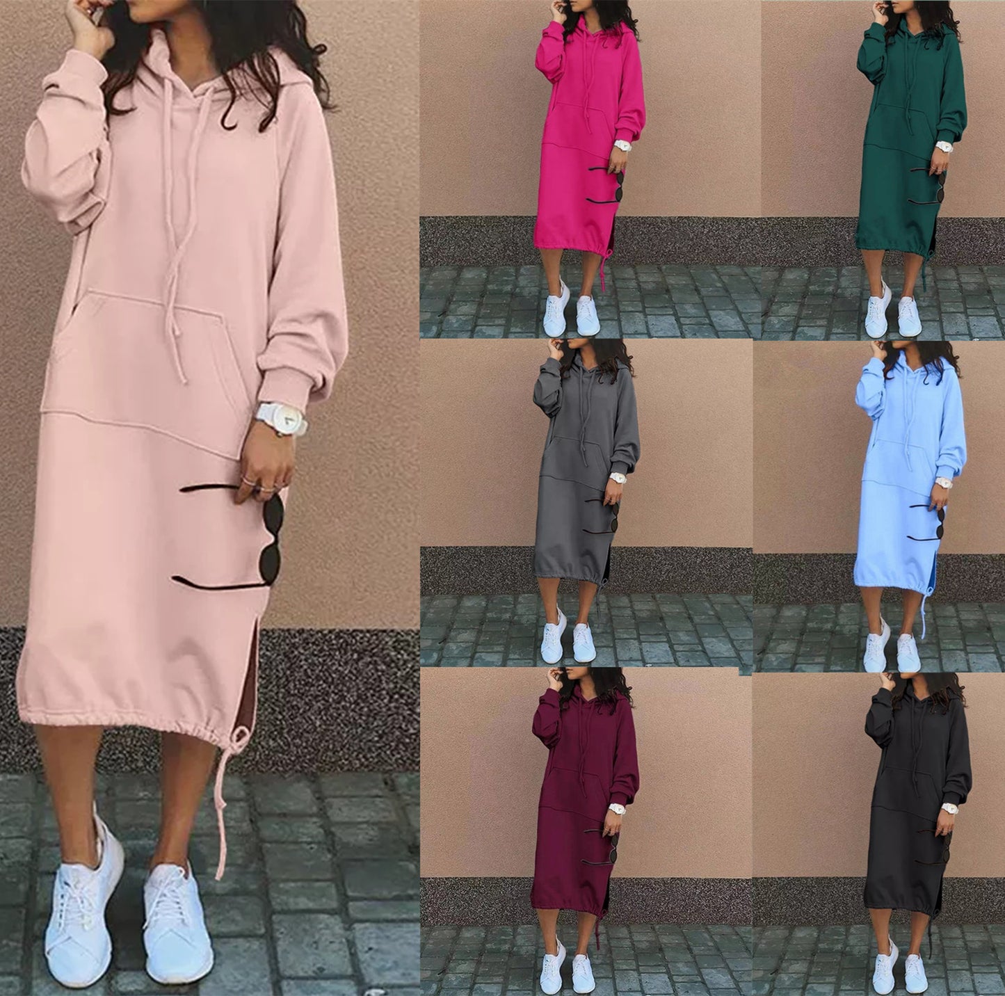2023 Autumn and Winter Fashion New Women's Sweater Robe Large Hooded Elegant Pocket Split Warm Hoodie Long Dress