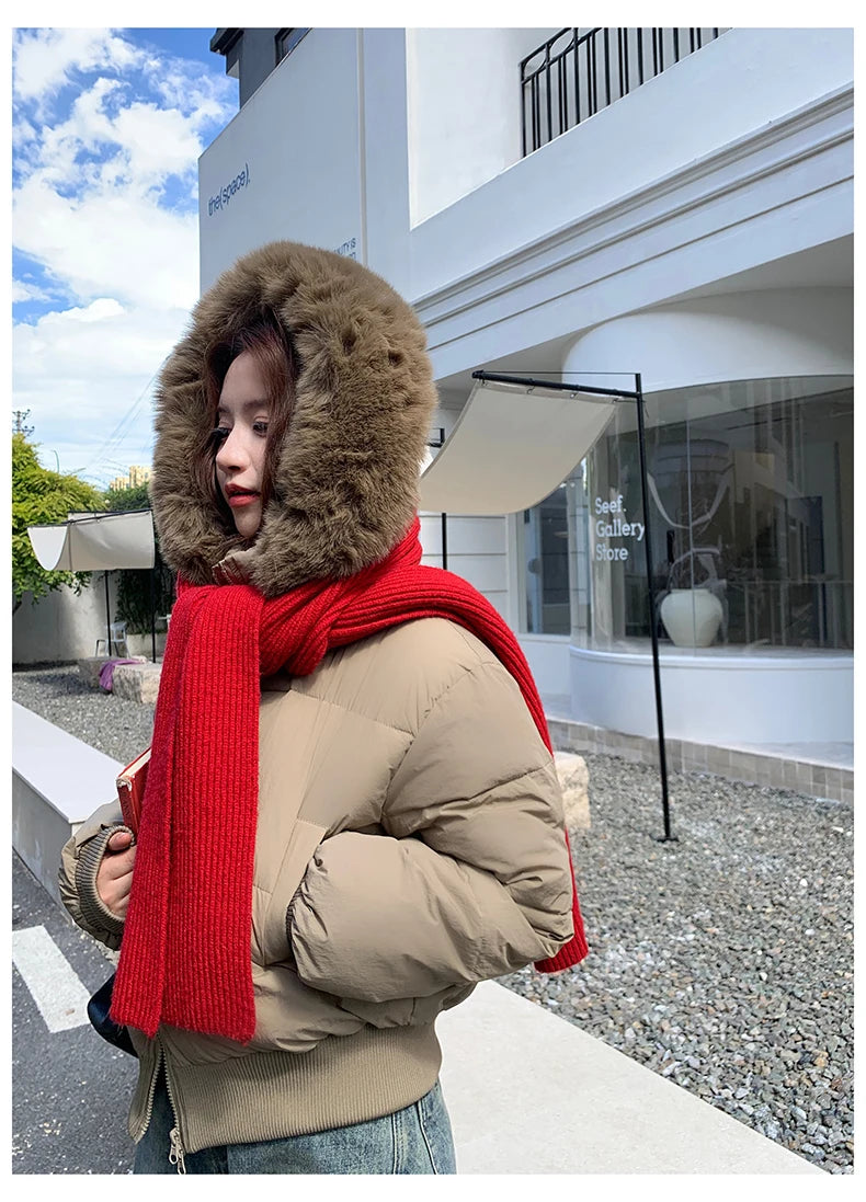 Casual Warm Fur Hooded Cropped Parkas Chic Streetwear Korean Style Down Cotton Coat Thicken Short Women's Winter 2025 Jacket