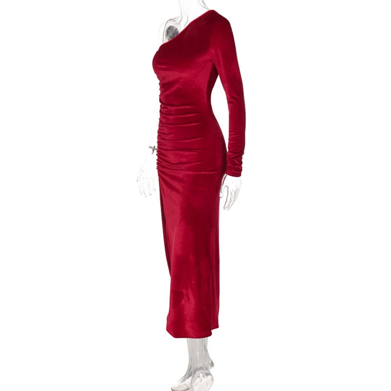Women Elegant Long Sleeve Party Evening Velvet Bodycon Split Pencil Midi Dress 2025 Spring Autumn Clothes
