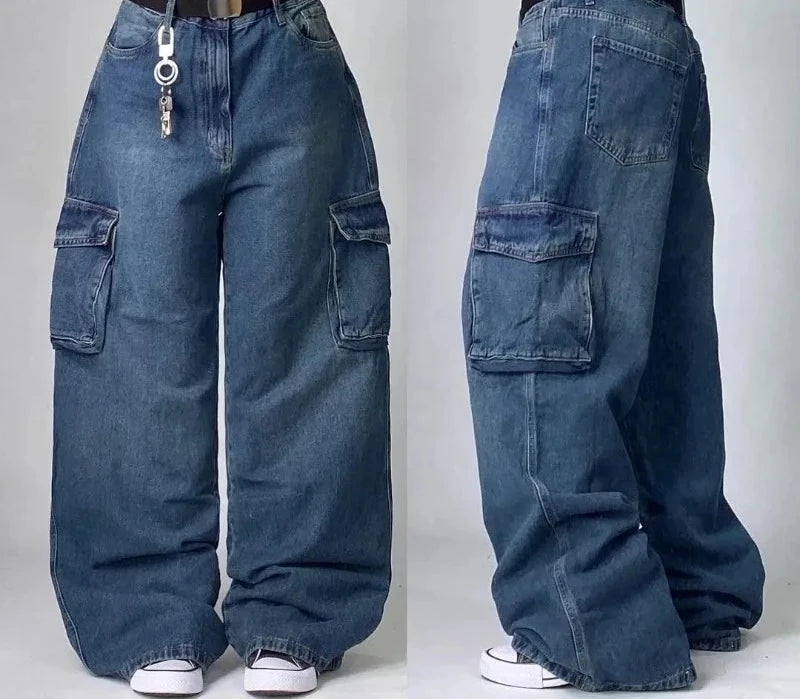 Street Vintage Jeans New Y2K Harajuku Wash Blue Multiple pockets Baggy Jeans Denim Pants Mens Womens High Waist Wide Trousers