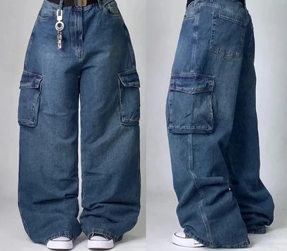 Street Vintage Jeans New Y2K Harajuku Wash Blue Multiple pockets Baggy Jeans Denim Pants Mens Womens High Waist Wide Trousers