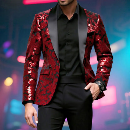 Shiny Sequin Embellished Single Button Stage Performance Outerwear in Blue Gold Green Purple Options for Men's Red Suit Jacket