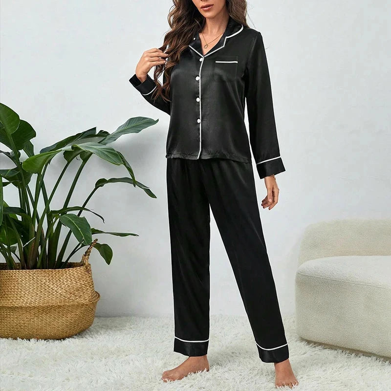 Plus Size Autumn and Winter Silk Pajamas Women Tops and Pants Solid Casual Soft Nightwear Buttons Cardigan Sleepwear Homewear