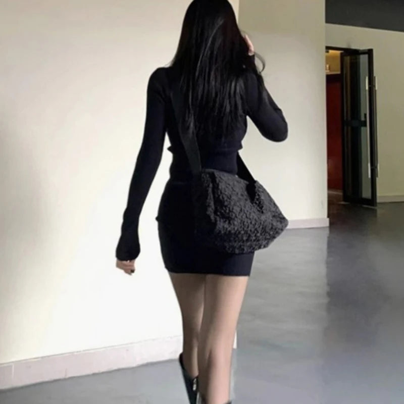 2025 Minimalist Black Ribbed Knit Dress, Half - Zip Long - Sleeve Bodycon Dress, Women's Daily Elegant Wear