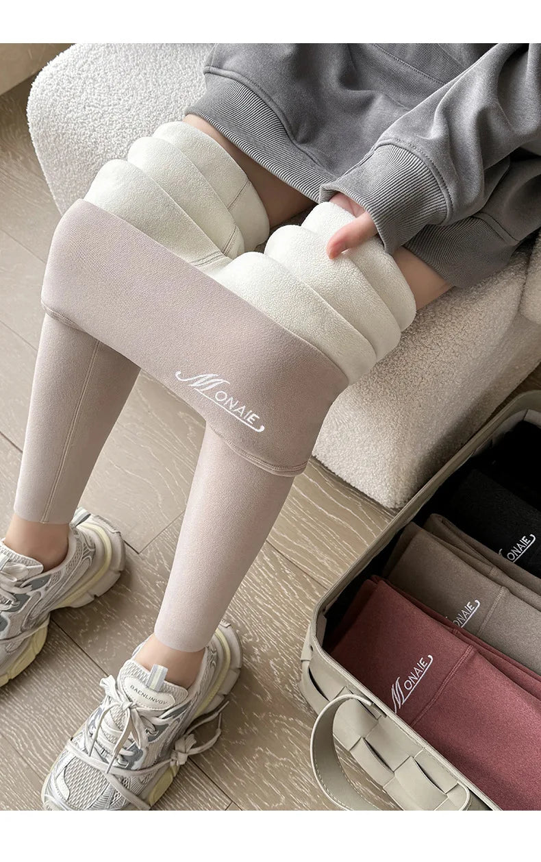 Winter Cashmere Leggings Women Solid Warm Leggings High Waist Slim Stretchy Pants Big Size Adding Velvet and Thickening Pants