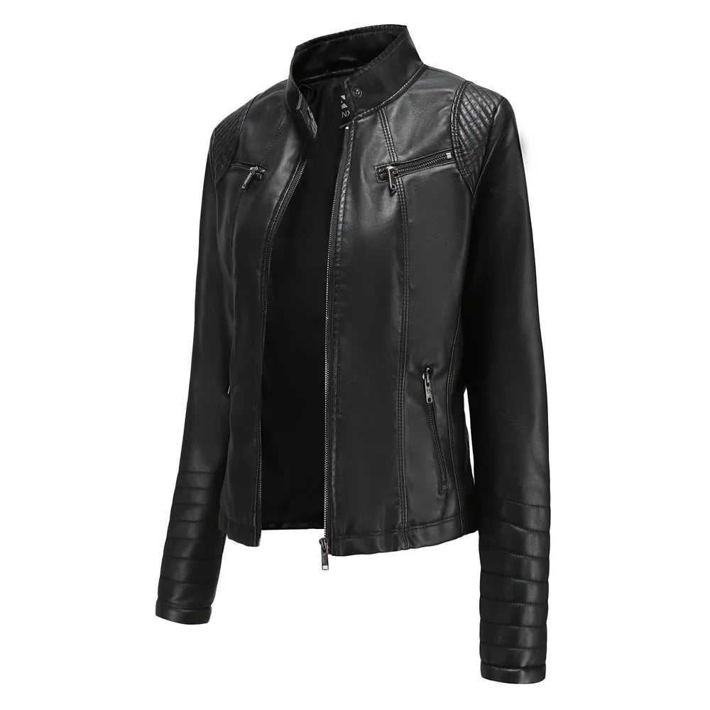 Women's Slim Leather Jacket, Stand-up Collar, Zipper Stitching, Monochromatic Coat, Fashion Clothing, New