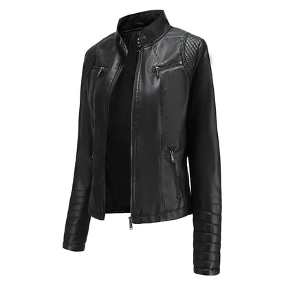Women's Slim Leather Jacket, Stand-up Collar, Zipper Stitching, Monochromatic Coat, Fashion Clothing, New
