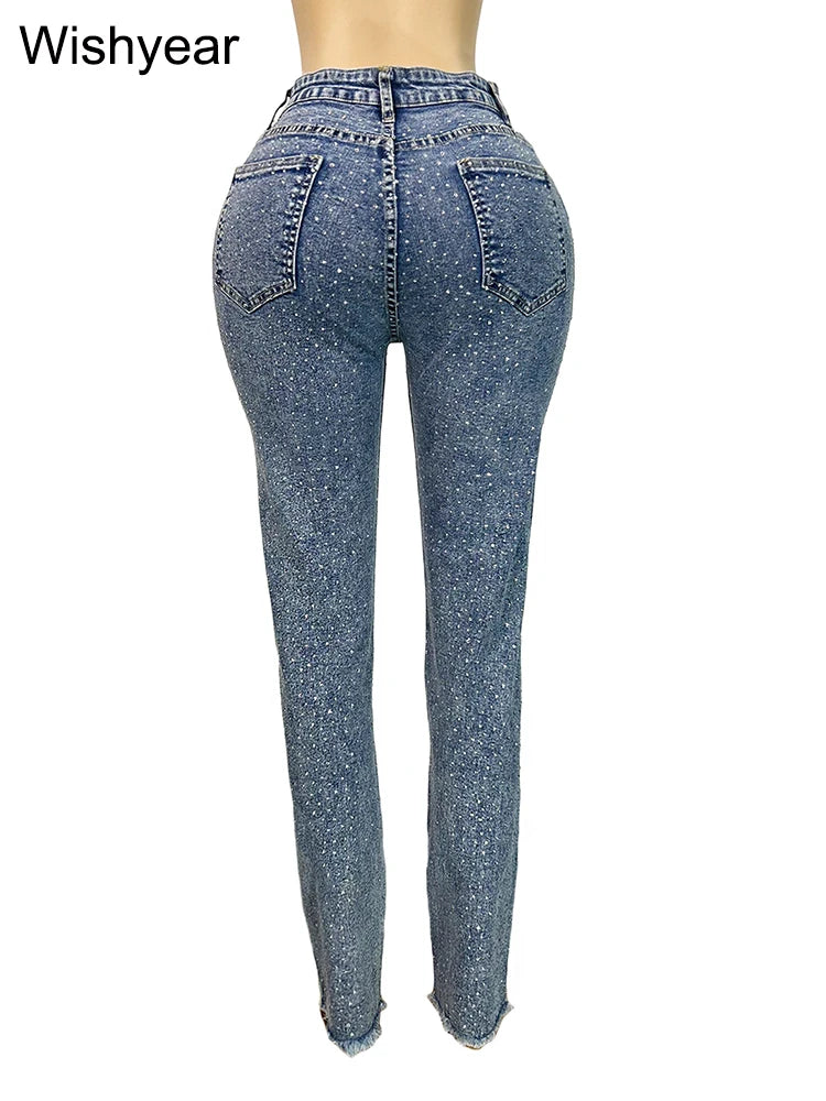 Fashion Skinny Stretch Jeans for Women Luxury Diamonds Hole Pencil Pants High Waist Washed Streetwear Y2k Streetwear Trousers