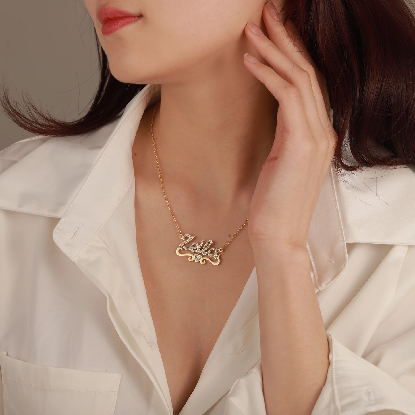 Qitian Personalized Name Necklace With Heart For Women Custom Gold Stainless Steel BlingBling Pendant Custom Iced Out Necklaces