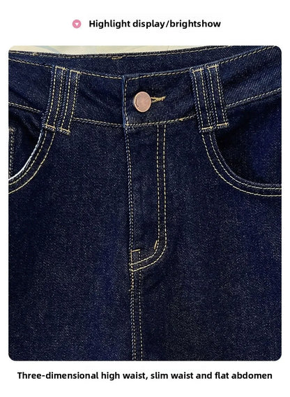 Female Trousers Women Button Zipper Closure Pockets Cozy Lady Pants Stylish Navy Blue Denim High Waisted Wide Leg Casual Jeans