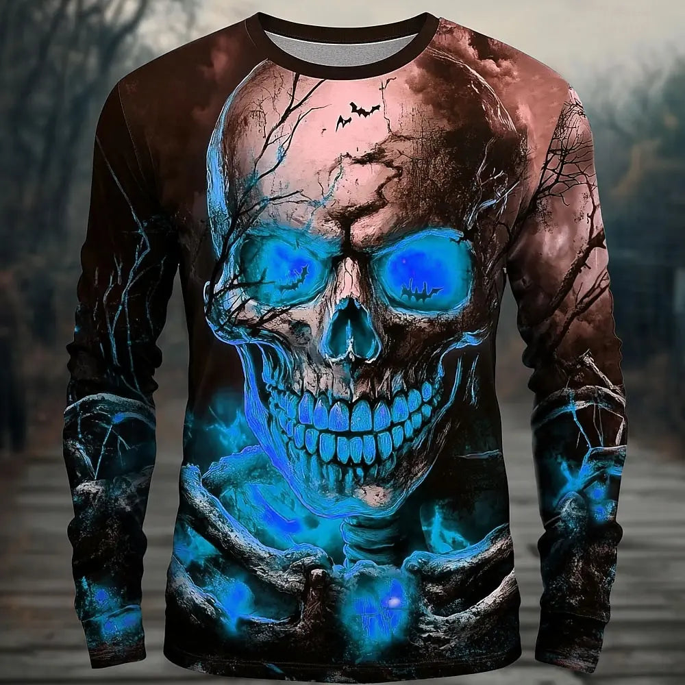 3D Terror Skull Print Men's Long Sleeve T-shirt Halloween Dress Up Street Hip Hop y2k Clothes Fashion Fall Long Sleeve Tops Tees