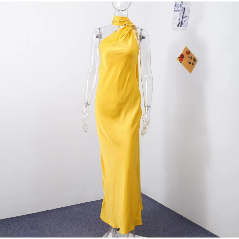 Elegant Ribbon Halter Dress Women Solid Off Shoulder Sleeveless Backless Slim Maxi Dresses 2026 Summer Autumn Party Robes Lady