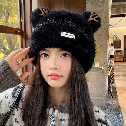 Knitted Hat Beanie Winter Warm Fleece Lined Reindeer Antlers Korean Style Cute Christmas Party Women Girls Thickened Thermal