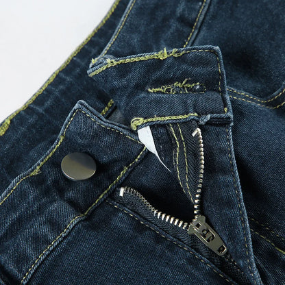 Flare Pants Jeans Women Embroidery Boot Cut Low Waist Washed Distressed Pockets Floor Length Streetwear 2025 Denim Trousers