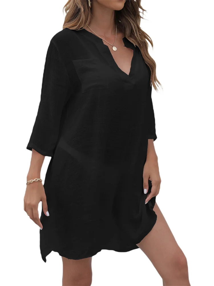 CHRONSTYLE Women Swimsuits Long Sleeve Shirts Mini Dress Bikinis Cover Ups Summer V Neck Solid Color Bathing Suit Cover Ups 2025
