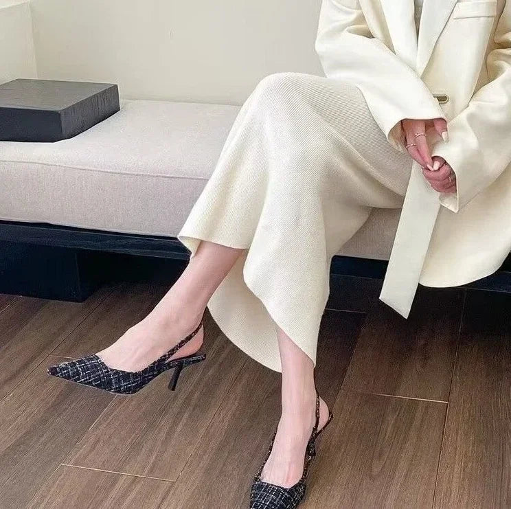 Fashion brand designed knitted platform heels for women, pointed-toe party shoes, comfortable large-size summer stiletto sandals