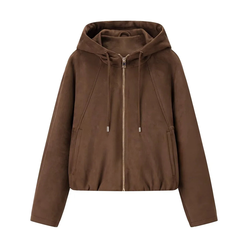 New autumn and winter women's casual loose suede texture effect hooded long sleeved solid color pilot jacket jacket
