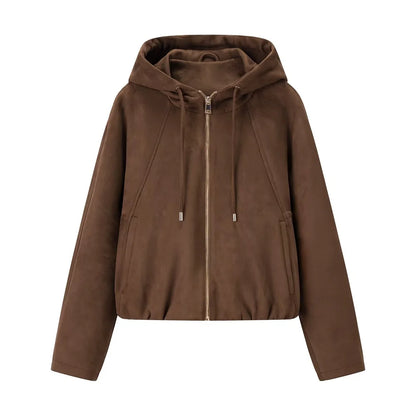 New autumn and winter women's casual loose suede texture effect hooded long sleeved solid color pilot jacket jacket
