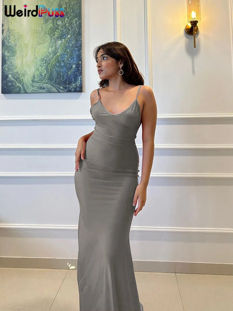 Weird Puss Sexy Backless Women Evening Maxi Dress Folds V-Neck Sleeveless Coquette Elegant Mermaid Matching Banquet Prom Bodycon