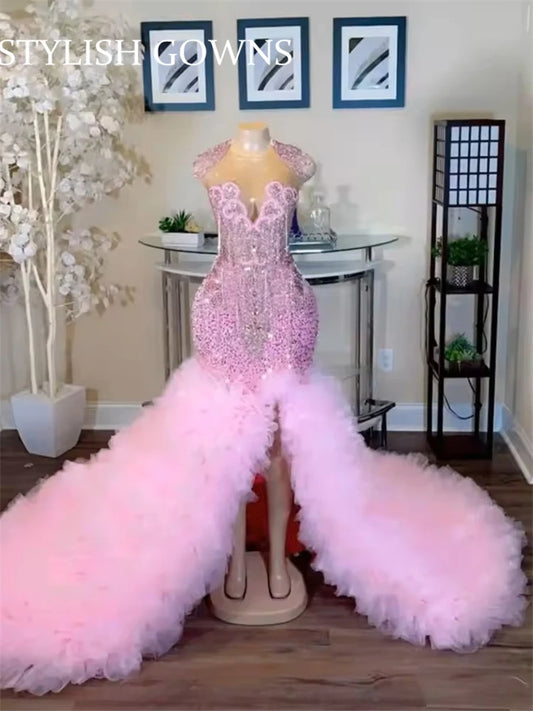 2025 New Design Luxury Pink Long Prom Dress Side Split Ruffles Tiered Glitter Beads Crystals Vestido De Novia Customized