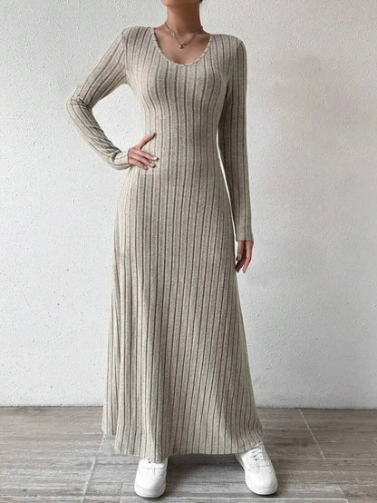 Fashionable Knitted Long Sleeve A- Line Streetwear Dress For Women Smooths And Slims Your Silhouette Solid Color Long Dress