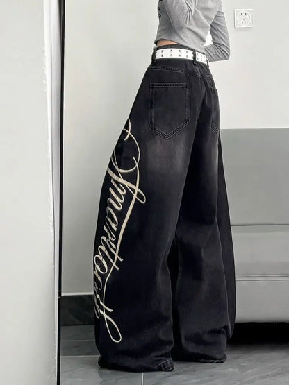 American New Fashion Oversized Letter Printing Black Washed Jeans Ladies Y2K Popular Casual Joker Loose Wide-leg Mop Pants