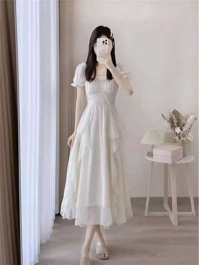 French Style White Fairy Dress Women's Summer 2025 New Super Fairy Princess Gown Gentle Wind Long Skirt Elegant Sensation