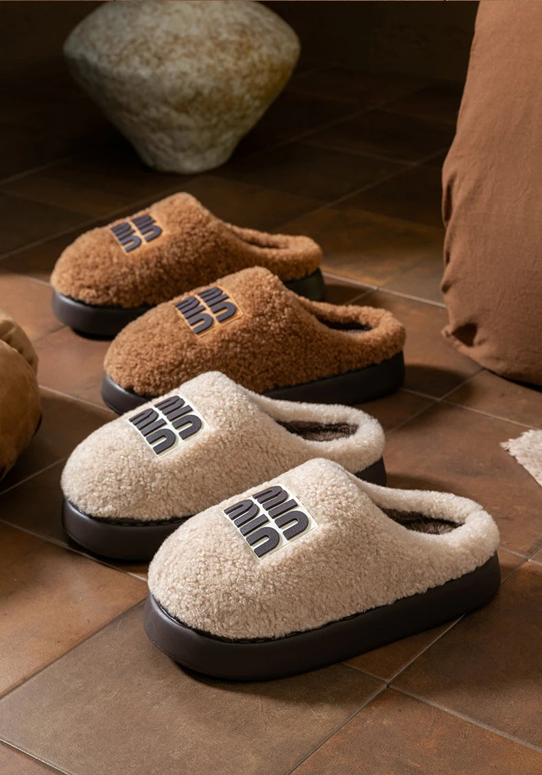 New plush cotton slippers for women, autumn and winter indoor thick sole with plush anti slip slippers, thickened cotton slipper