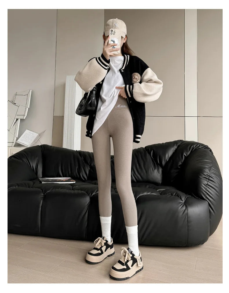Winter Cashmere Leggings Women Solid Warm Leggings High Waist Slim Stretchy Pants Big Size Adding Velvet and Thickening Pants