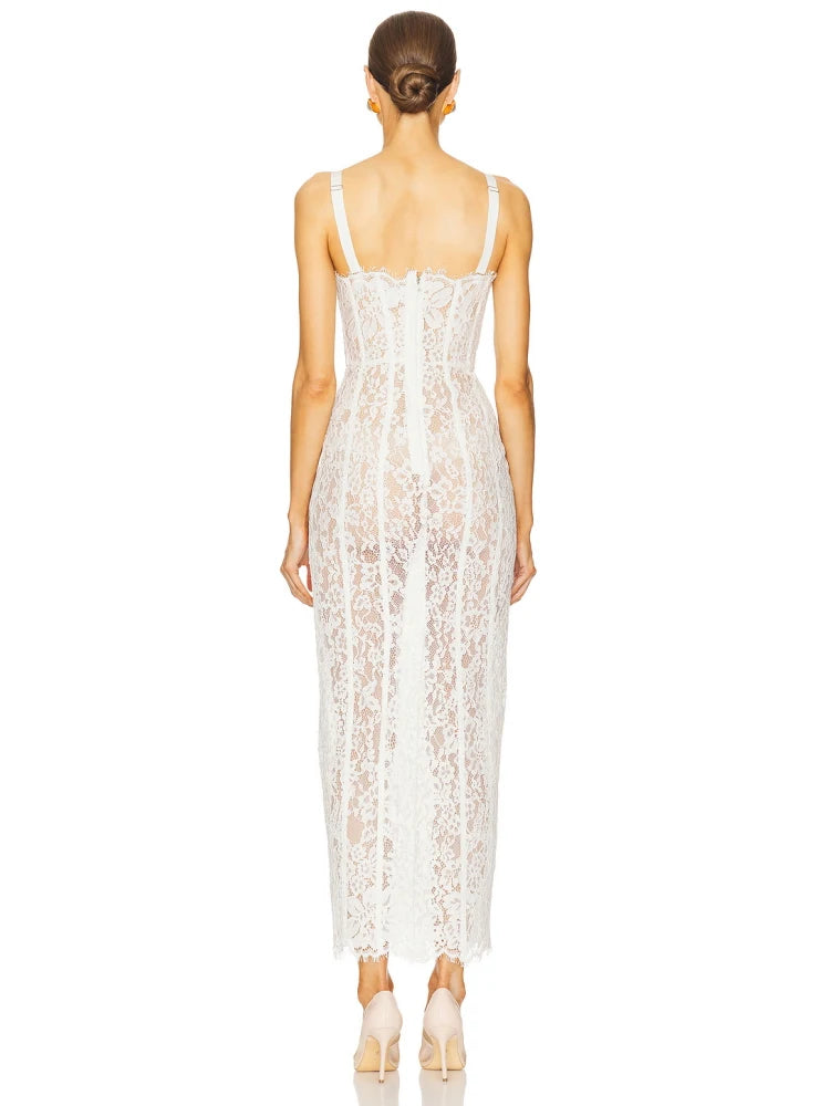 Sexy Spaghetti Strap V Neck Lace Long Dress Women Black Floral Lace Sleeveless Bodycon Dresses Elegant Evening Celebrity Party