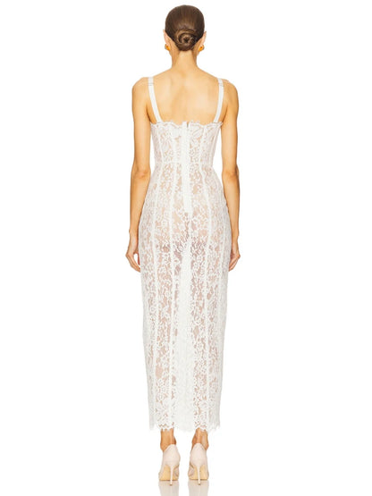 Sexy Spaghetti Strap V Neck Lace Long Dress Women Black Floral Lace Sleeveless Bodycon Dresses Elegant Evening Celebrity Party