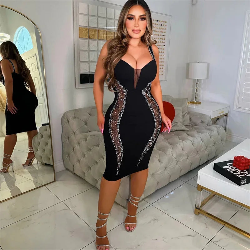Sexy Spaghetti Strap V-neck Bandage Bodycon Dress Women Elegant Mesh Patchwork Diamonds Cocktail Party Dresses Vestidos Midi