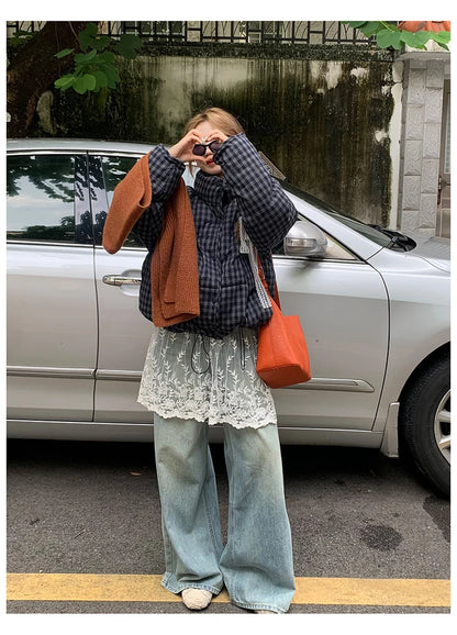 MEXZT Short Plaid Parkas Women Streetwear Stand Collar Puffer Jacket Winter Korean Down Coats Fashion Cotton Padded Outerwears