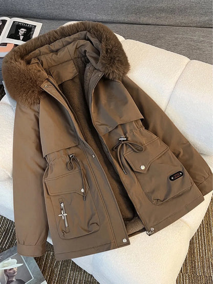 Women Big Fur collar Loose Parka Jacket Lady Medium Long Styles Down Cotton Outwear Winter Female Hooded Cotton Padded Coat