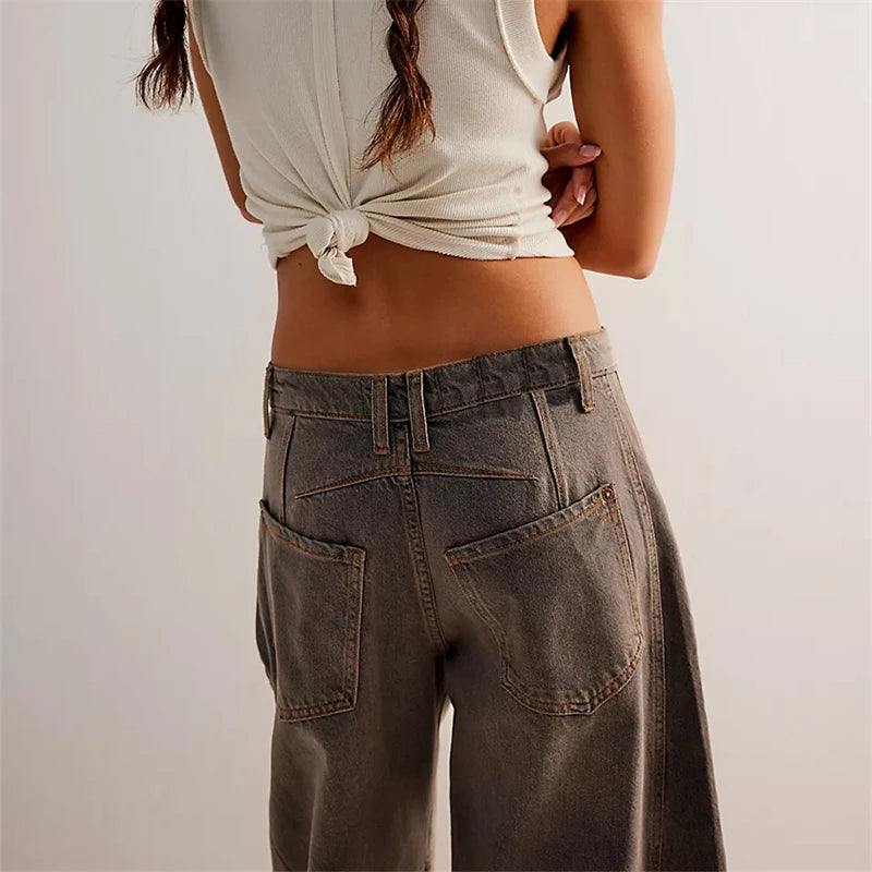 Midiross High Stretch Mid-Rise Barrel Jeans Fashion wide Leg Shape Women Casual Baggy Mid Waist Denim Pants