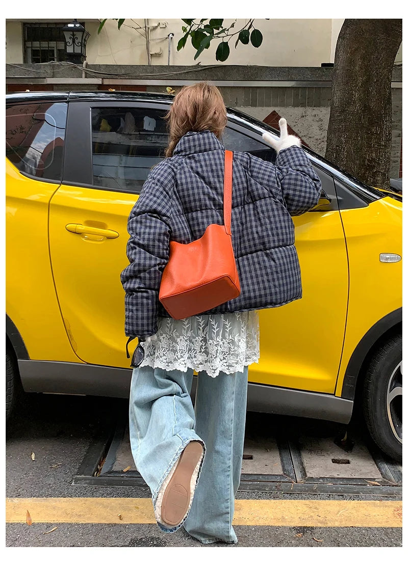 MEXZT Short Plaid Parkas Women Streetwear Stand Collar Puffer Jacket Winter Korean Down Coats Fashion Cotton Padded Outerwears